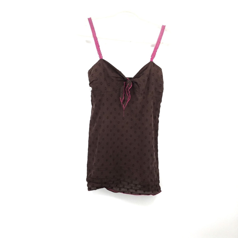 y2k vintage Josie Natori Brown Pink Polka Dot tank babydoll bow top coquette M